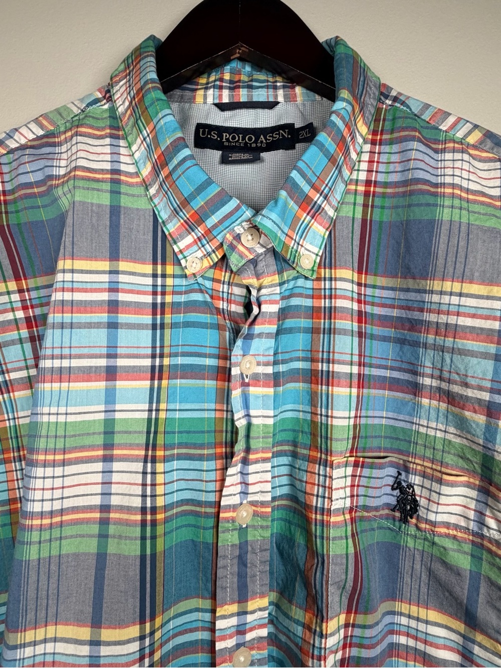 U.S. Polo Assn. Mens 2XL Plaid Button Down Shirt Short Sleeve Madras Cotton Blue